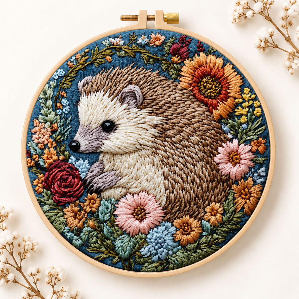 Hedgehog with sunflower blooms embroidery kit