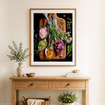 Finished herbs and spices still life cross stitch artwork displayed as home decor