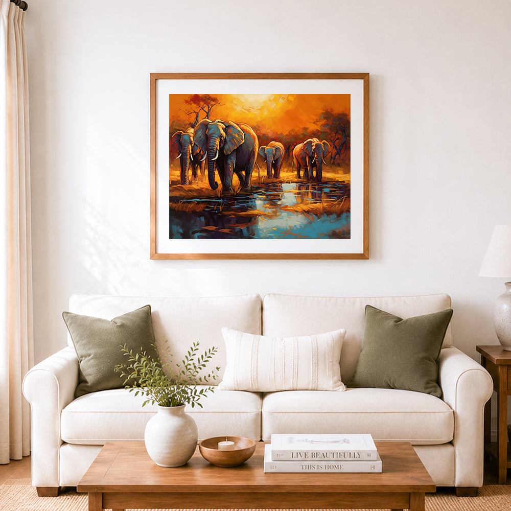 Finished herd of elephants at sunset cross stitch artwork displayed as home decor