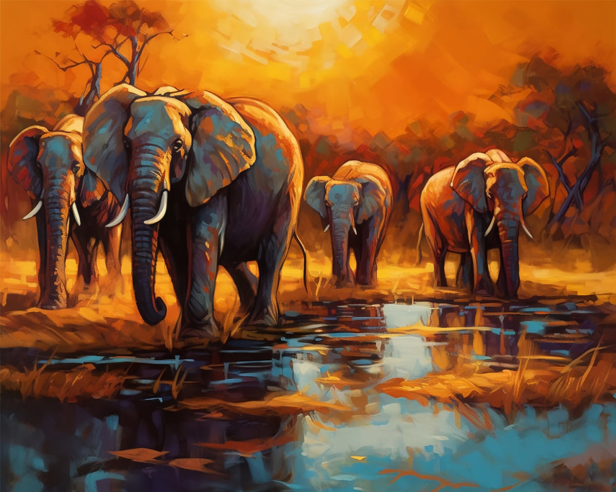 Herd of elephants at sunset cross stitch kit for beginners