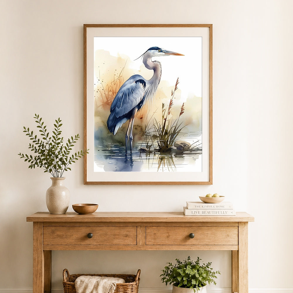 Finished heron in wetlands cross stitch artwork displayed as home decor