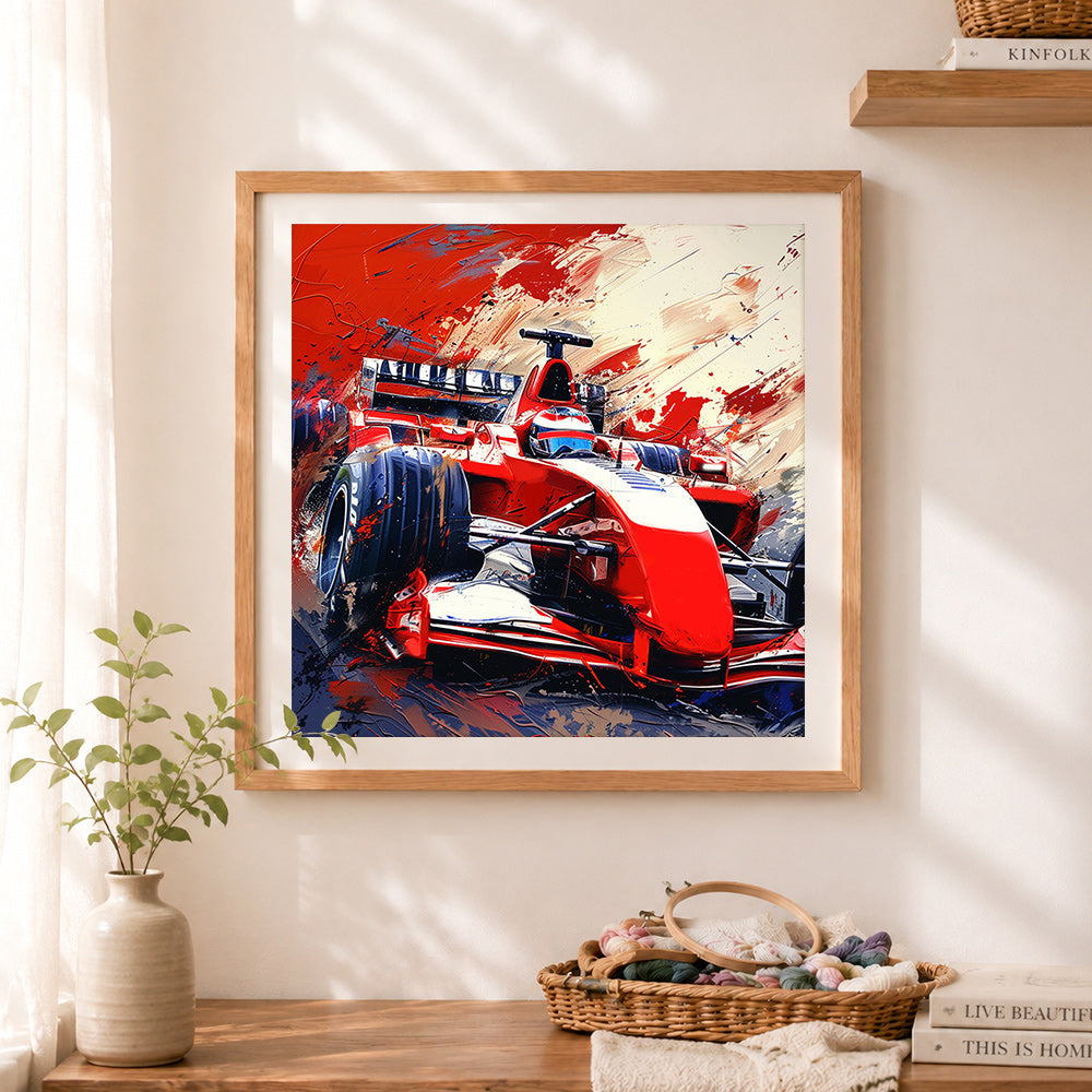 Finished high-speed red racing car cross stitch artwork displayed as home decor