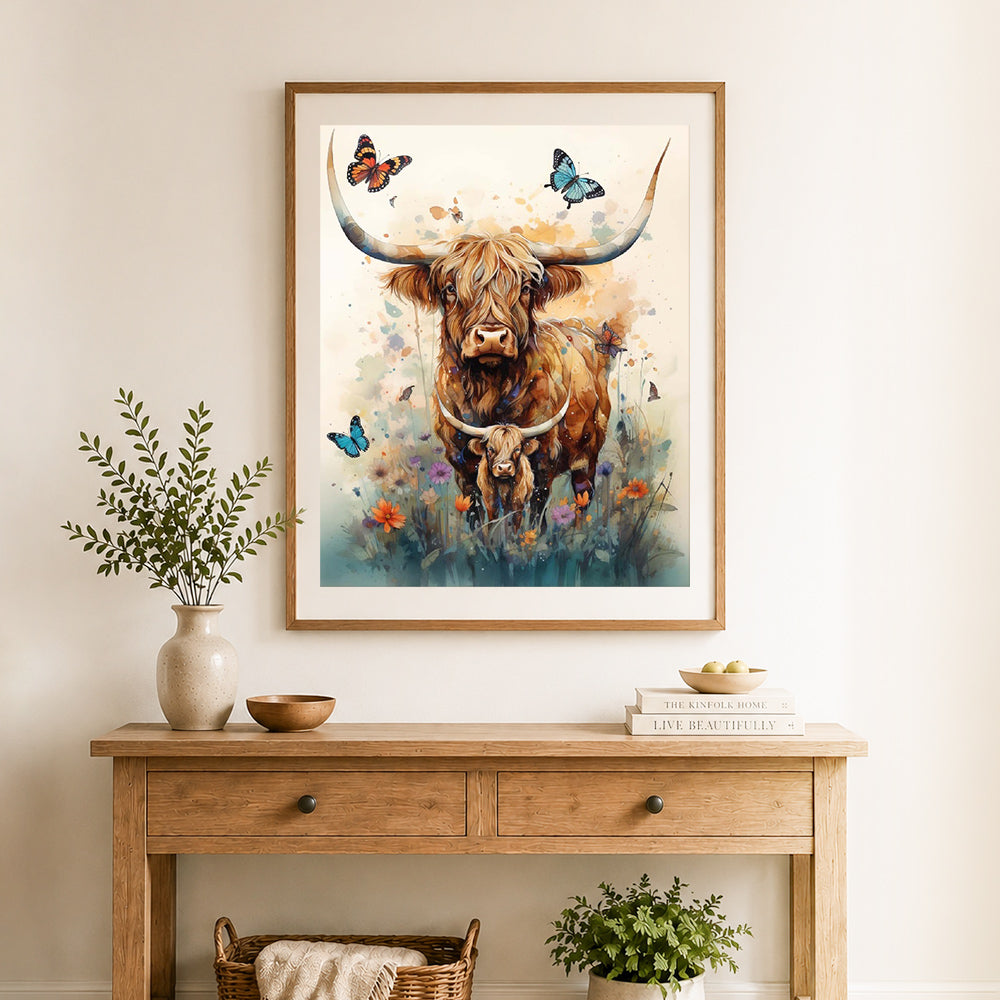 Finished highland cattle and butterflies cross stitch artwork displayed as home decor
