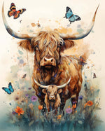 Highland cattle and butterflies cross stitch kit for beginners