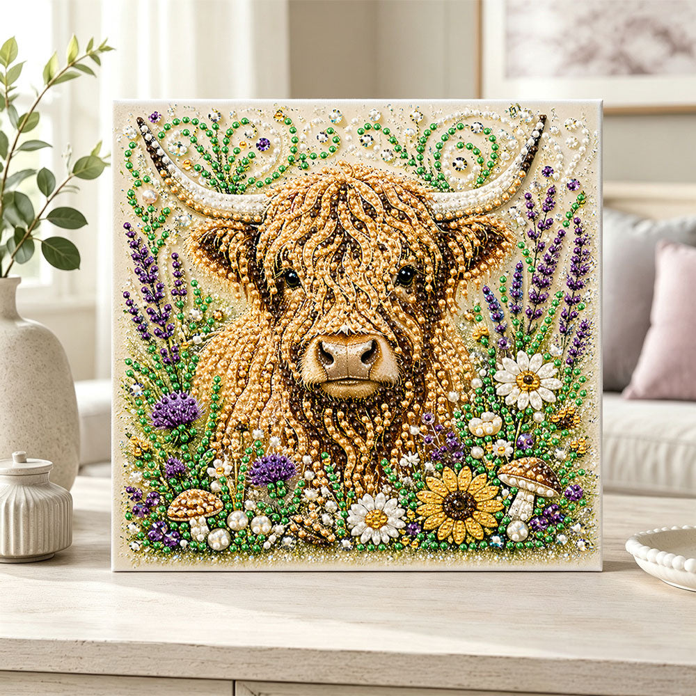 Finished highland cow amid blooms pearl diamond painting artwork displayed as home decor