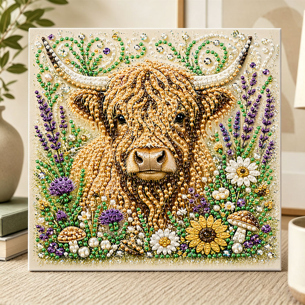 Highland cow amid blooms pearl diamond painting kit for beginners