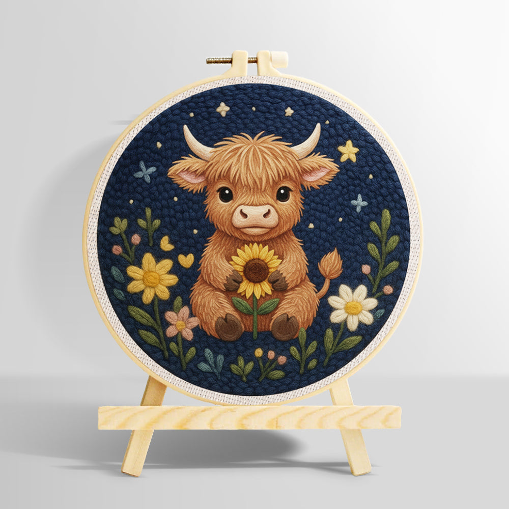 Highland cow and flowers at night punch needle kit for beginners