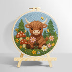 Highland cow and mushrooms in spring punch needle kit for beginners