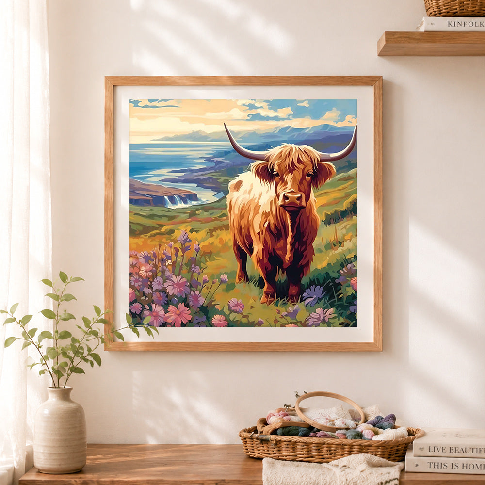 Finished highland cow by coastal cliff cross stitch artwork displayed as home decor
