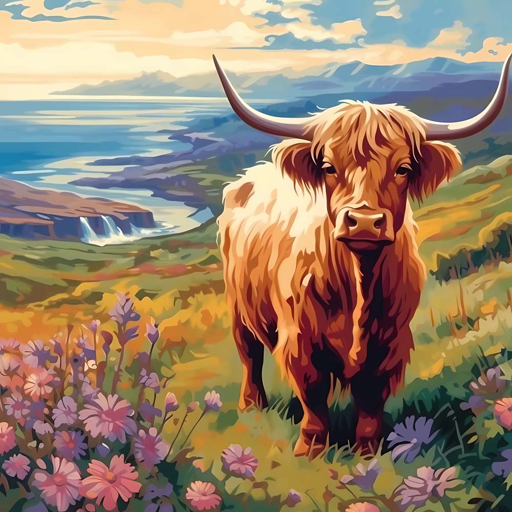 Highland cow by coastal cliff cross stitch kit for beginners