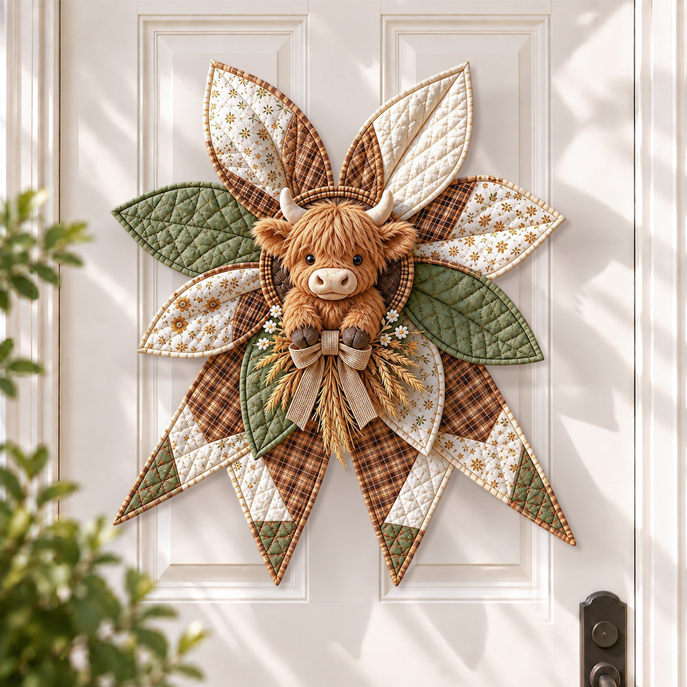 Highland cow DIY quilted bow sewing kit finished as a handmade door decoration