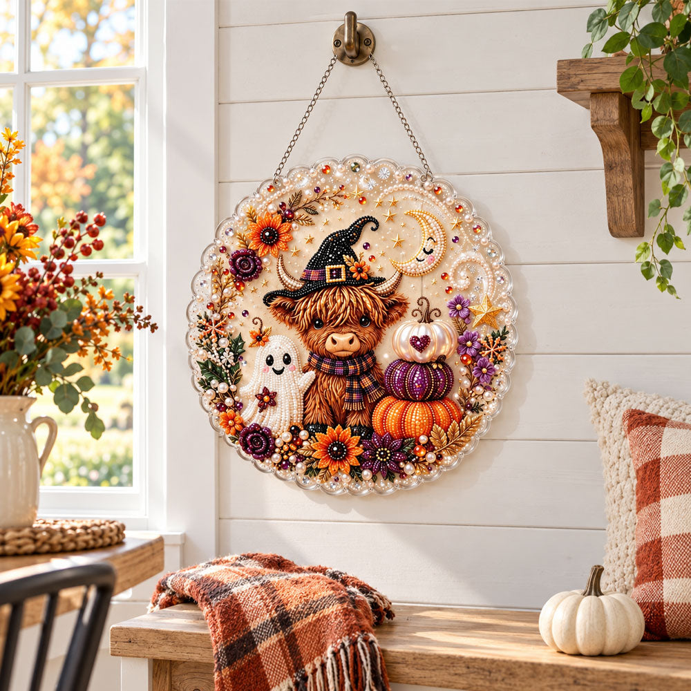 Finished highland cow ghost halloween wreath pearl diamond painting artwork displayed as holiday home decor