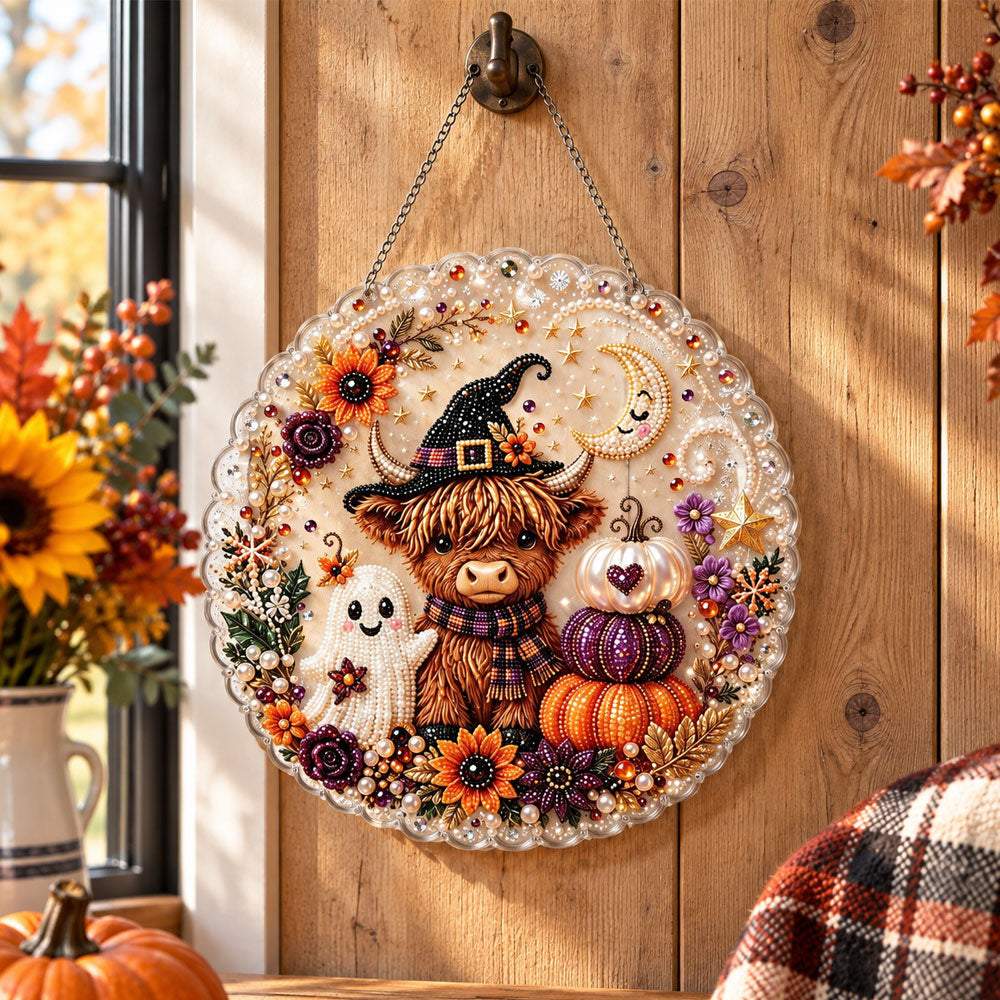 Highland cow ghost halloween wreath pearl diamond painting kit for beginners