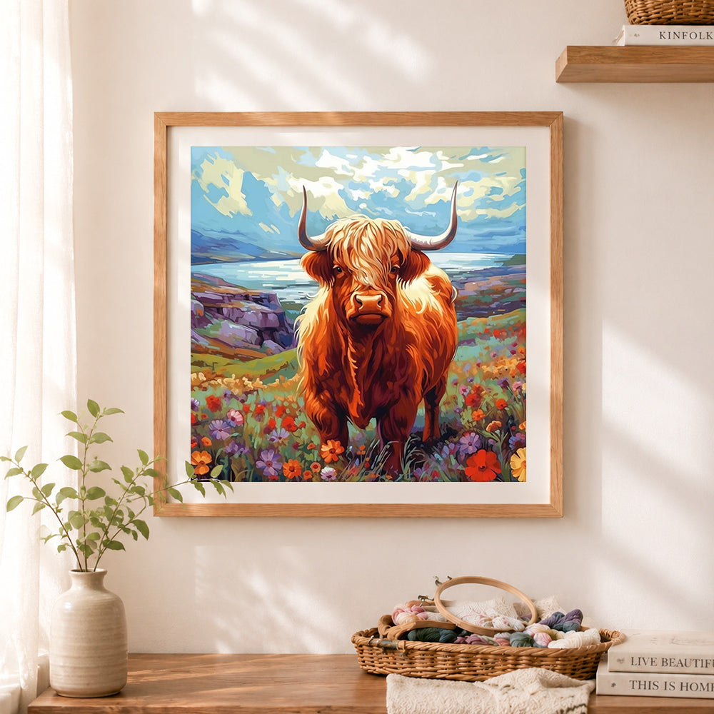 Finished highland cow in flower valley cross stitch artwork displayed as home decor