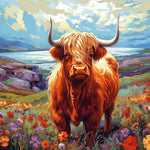 Highland cow in flower valley cross stitch kit for beginners