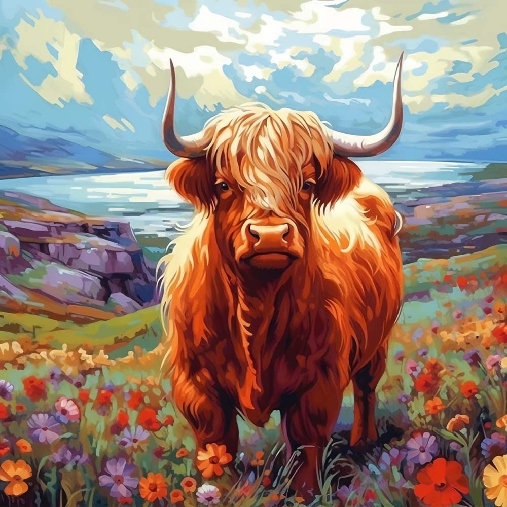 Highland cow in flower valley cross stitch kit for beginners