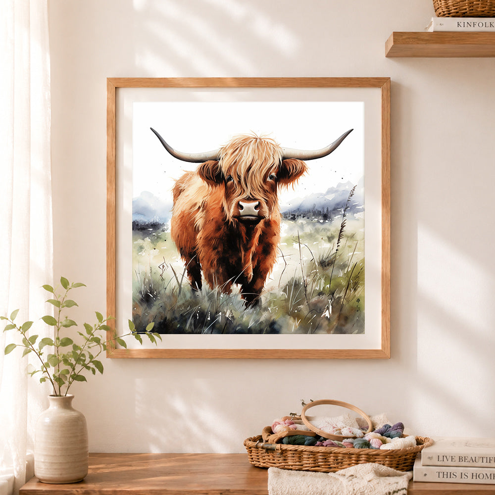 Finished highland cow in scottish landscape cross stitch artwork displayed as home decor