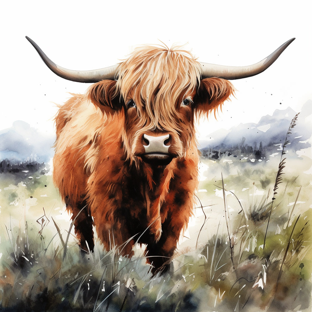Highland cow in scottish landscape cross stitch kit for beginners