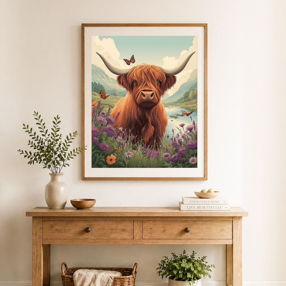 Finished highland cow meadow cross stitch artwork displayed as home decor