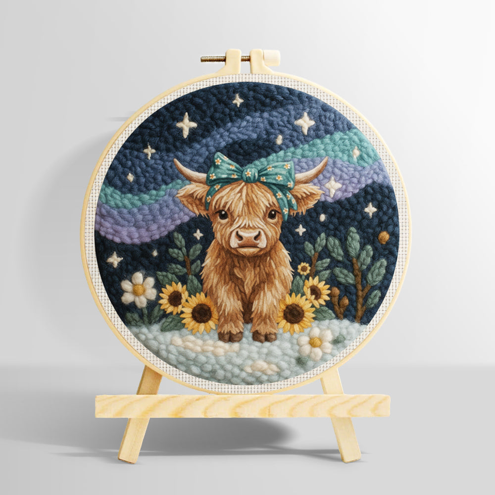 Highland cow, mountains and sunflowers punch needle kit for beginners