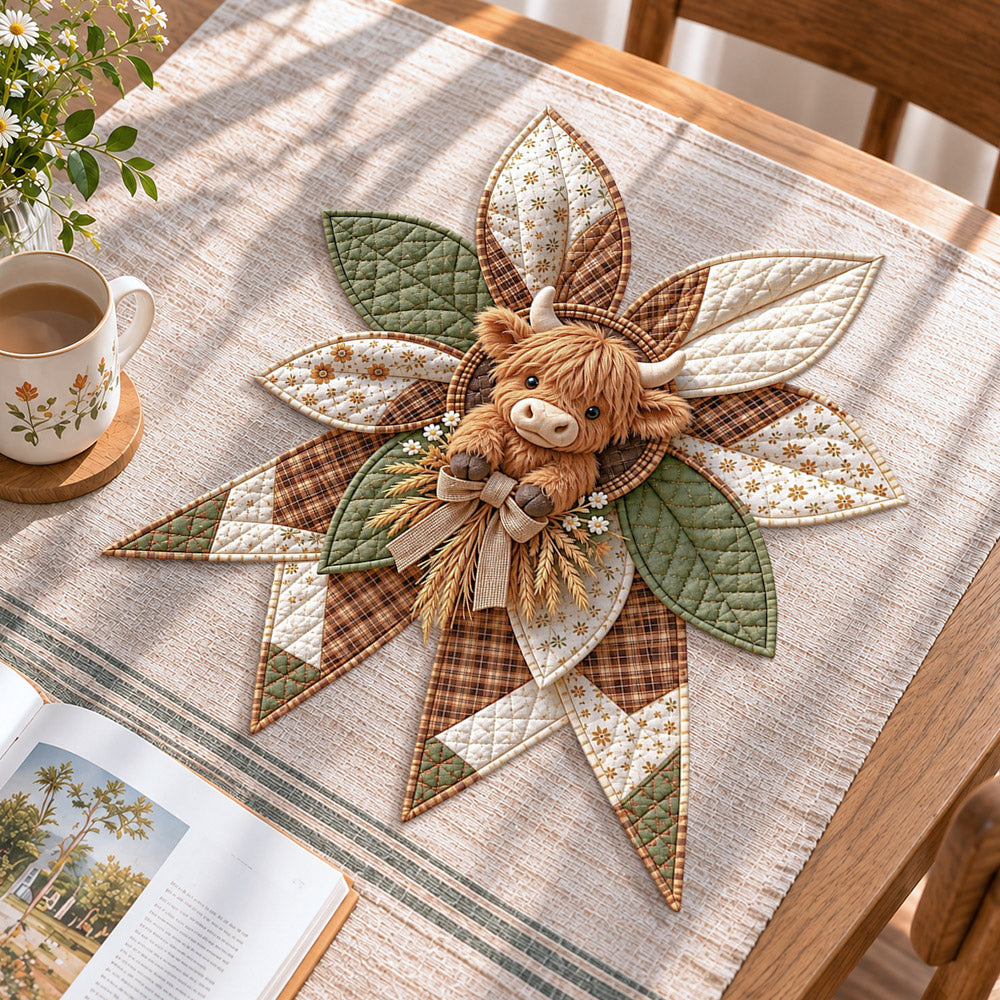 Highland cow handmade quilted bow displayed on a table as seasonal home decor