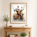 Finished highland cow trio with butterflies cross stitch artwork displayed as home decor