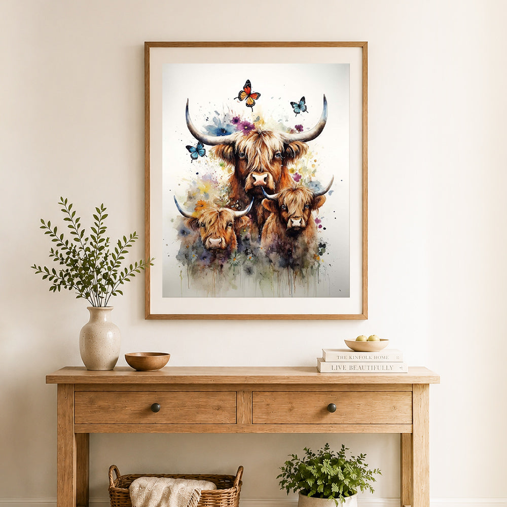 Finished highland cow trio with butterflies cross stitch artwork displayed as home decor