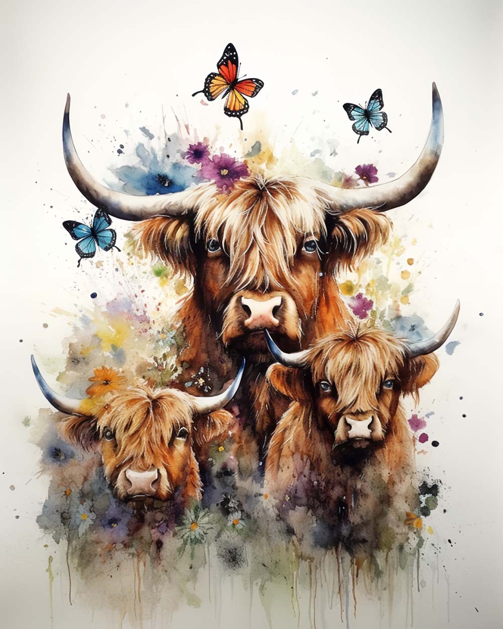 Highland cow trio with butterflies cross stitch kit for beginners