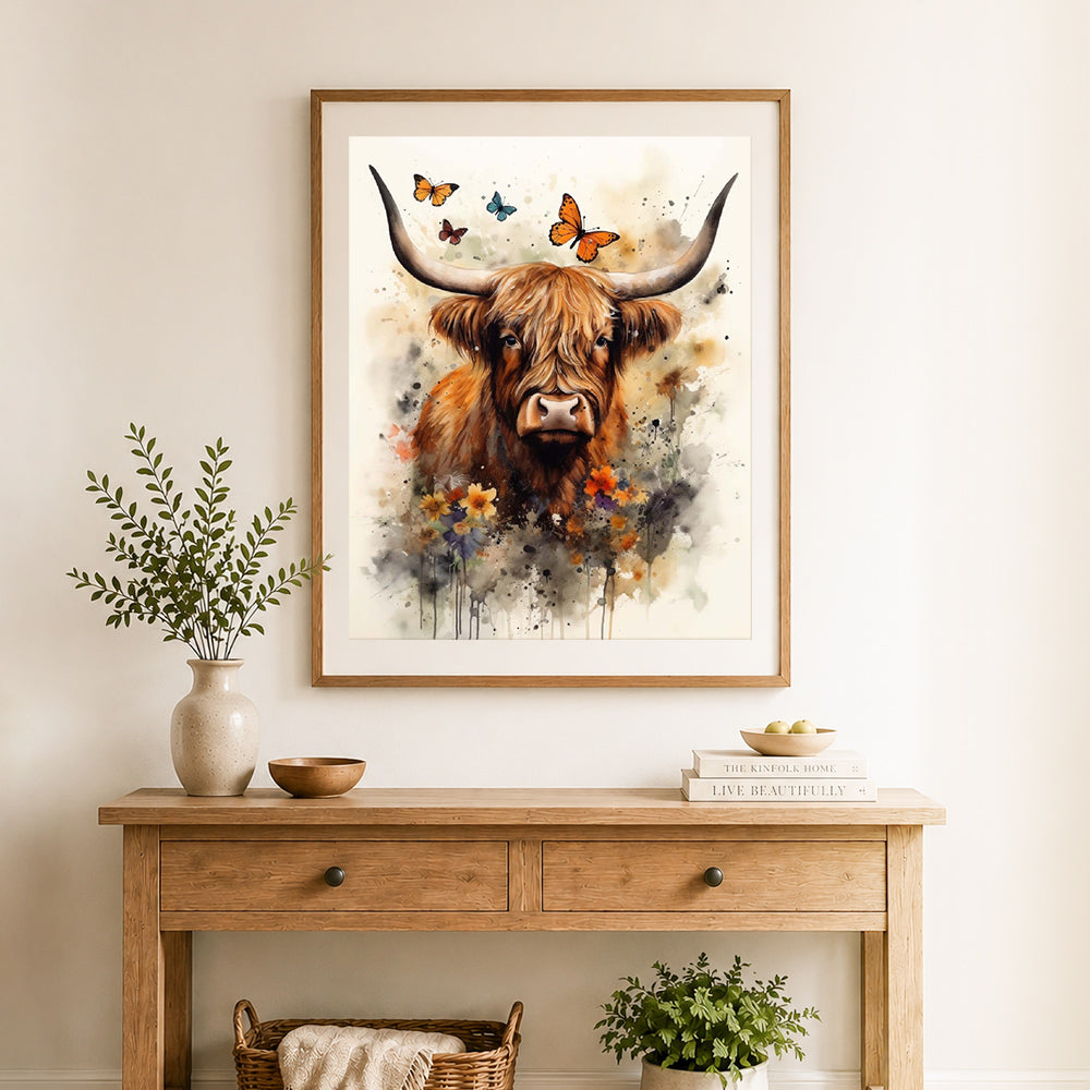 Finished highland cow watercolor art cross stitch artwork displayed as home decor
