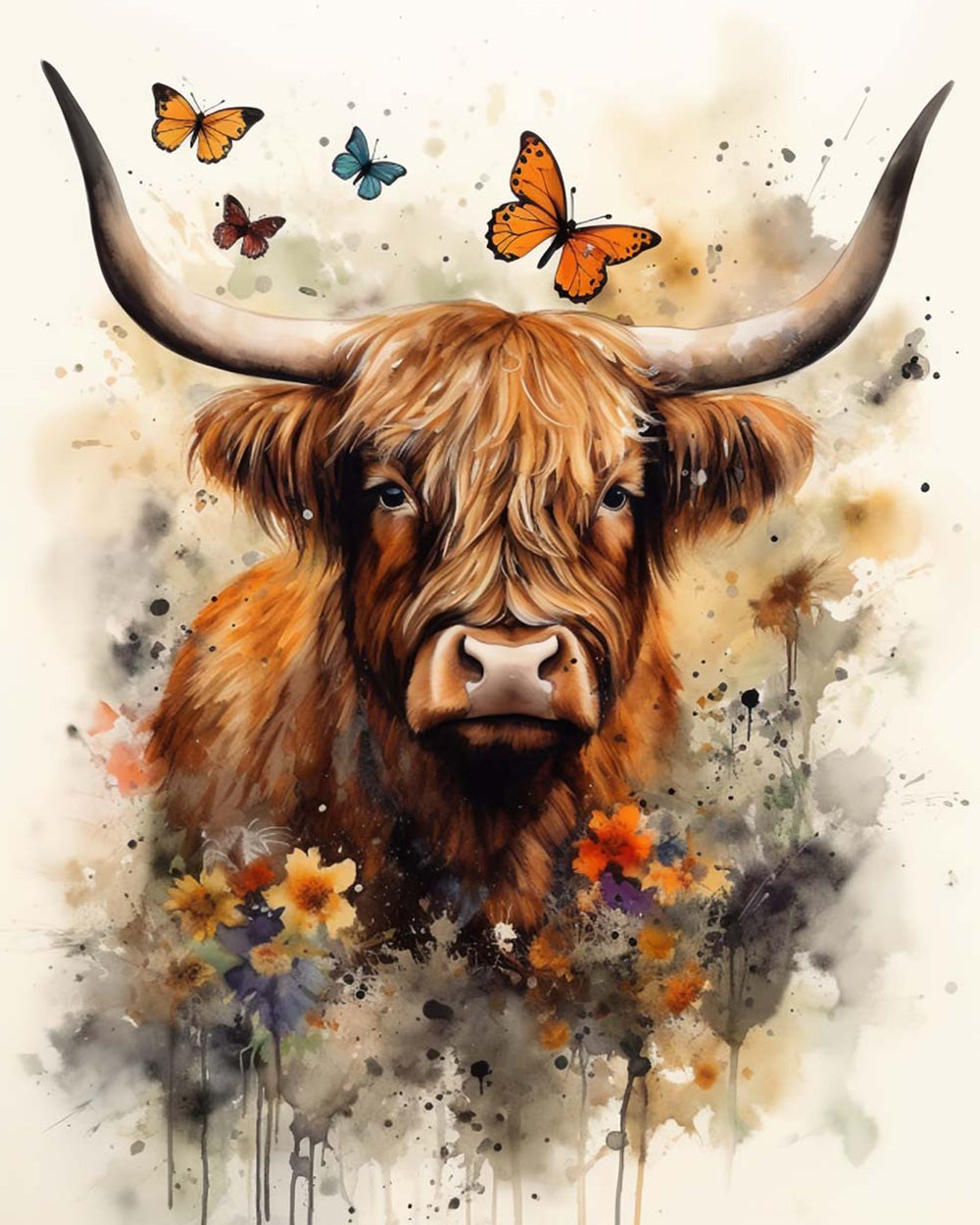 Highland cow watercolor art paint by numbers kit for beginners