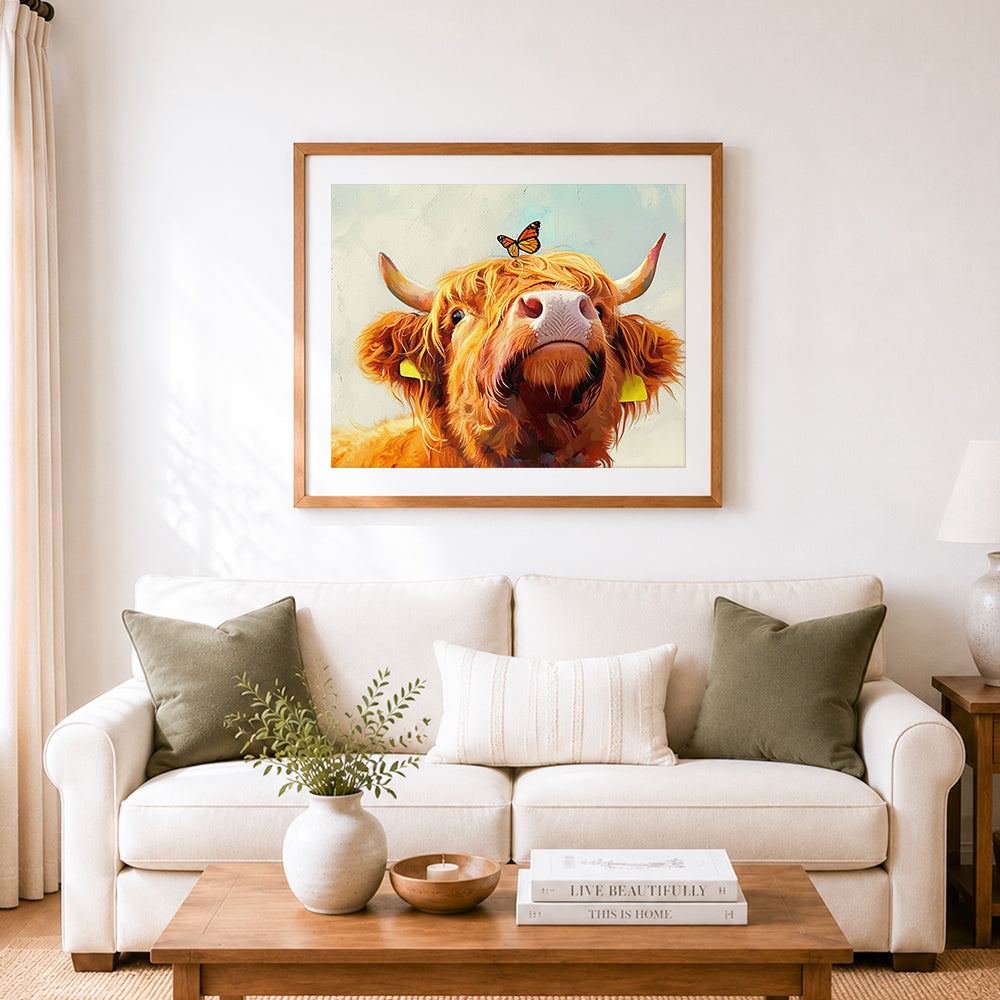 Finished highland cow with butterfly on head cross stitch artwork displayed as home decor