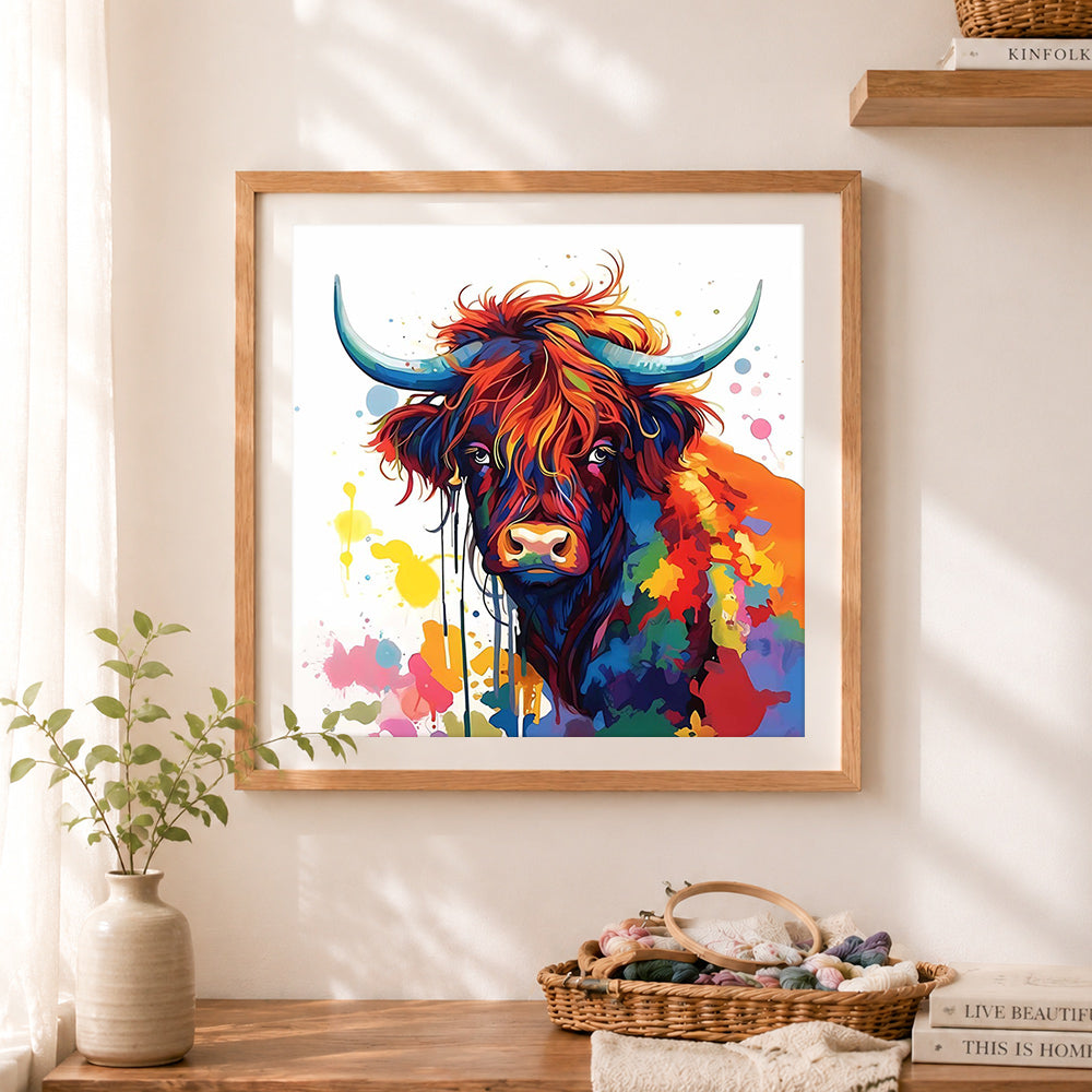 Finished highland cow with color splashes cross stitch artwork displayed as home decor
