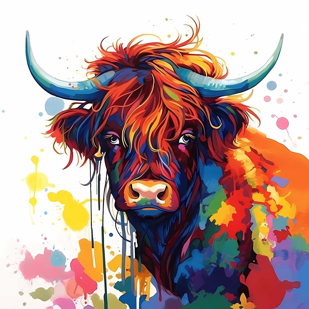 Highland cow with color splashes cross stitch kit for beginners