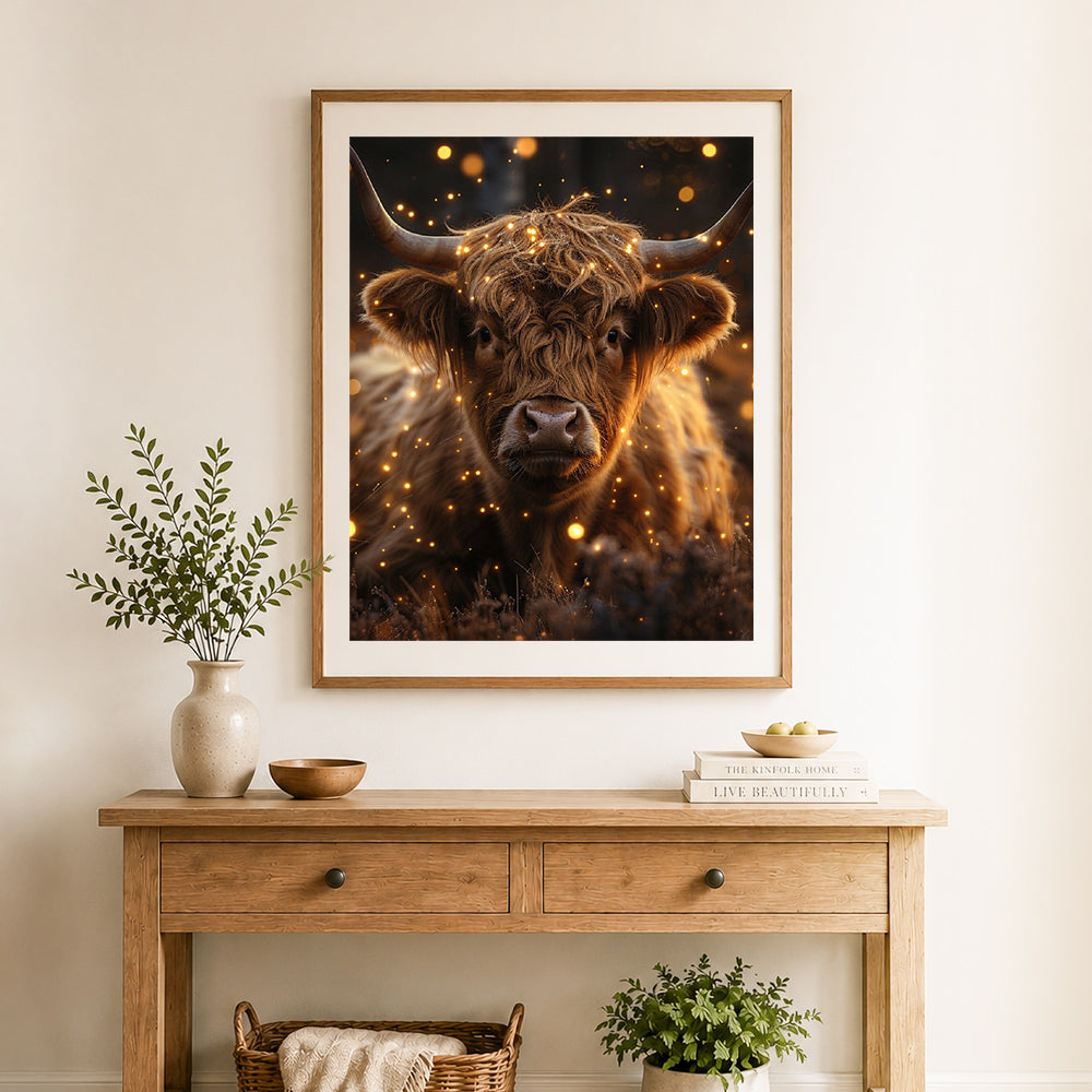 Finished highland cow with fairy lights cross stitch artwork displayed as home decor