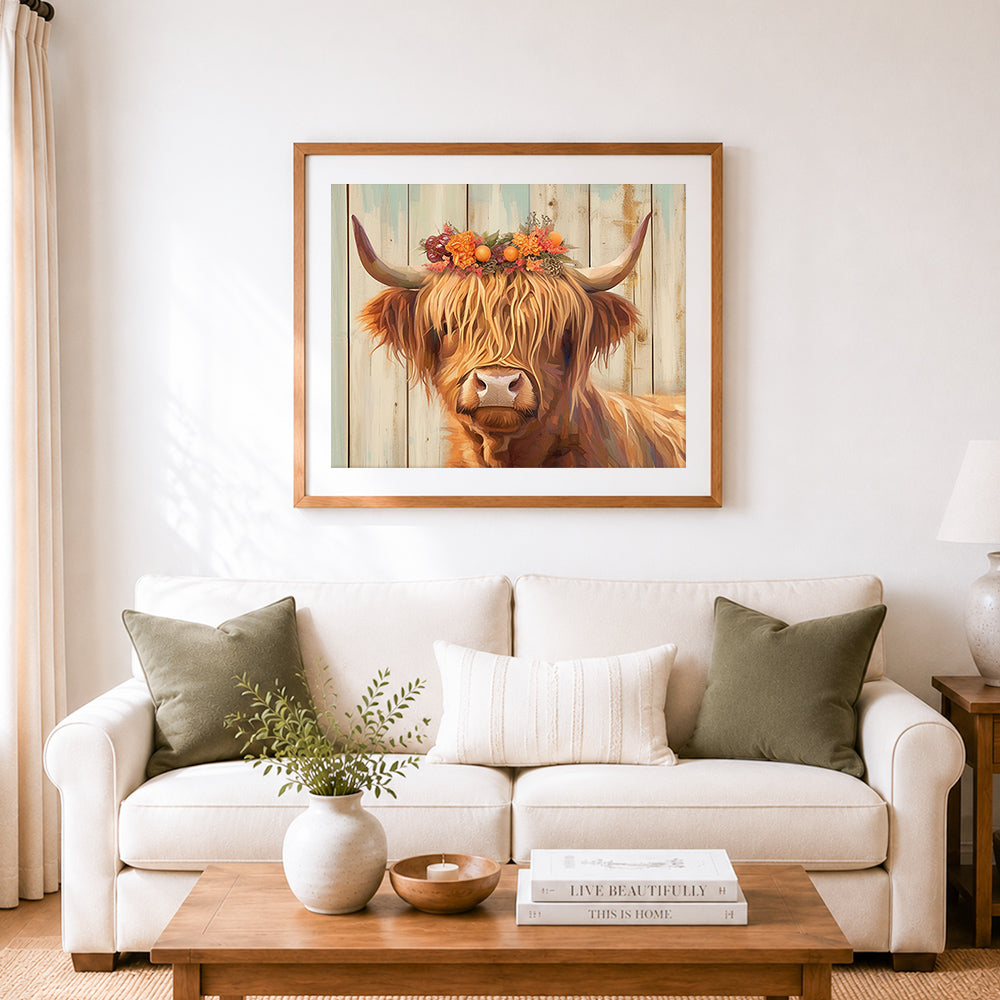Finished highland cow with floral crown cross stitch artwork displayed as home decor