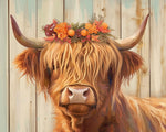 Highland cow with floral crown cross stitch kit for beginners