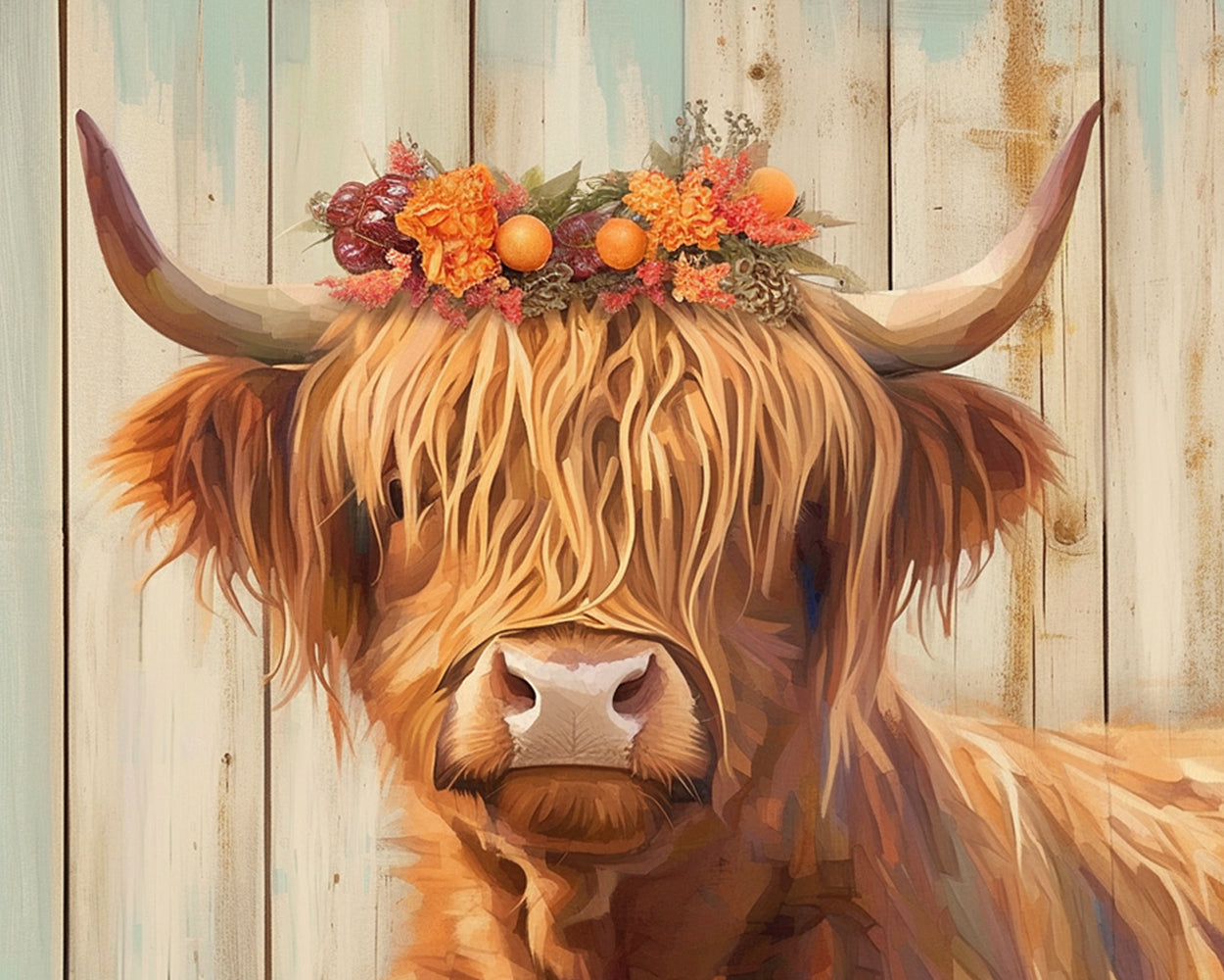 Highland cow with floral crown cross stitch kit for beginners