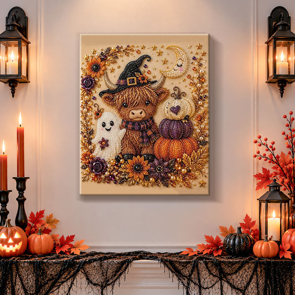 Finished highland cow with ghost and pumpkins pearl diamond painting artwork displayed as holiday home decor