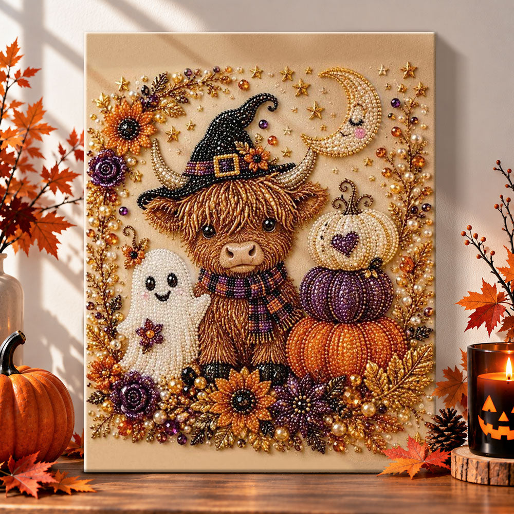 Highland cow with ghost and pumpkins pearl diamond painting kit for beginners