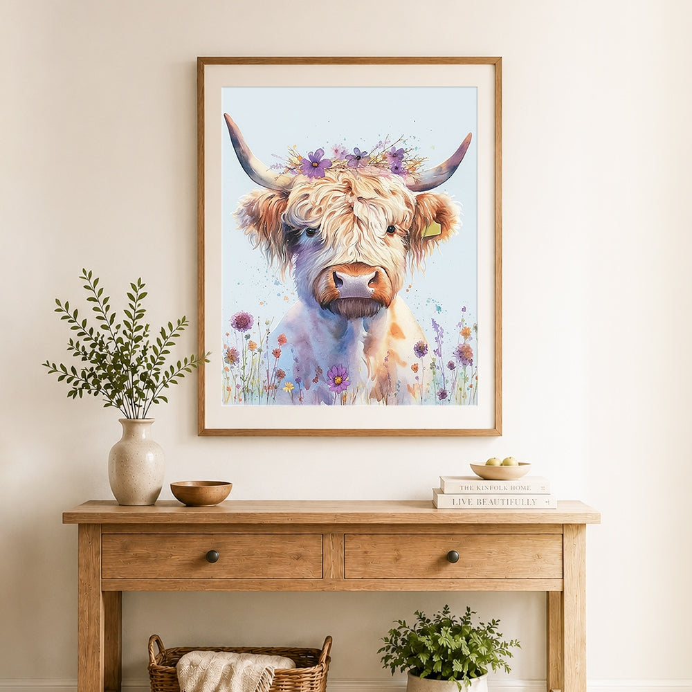 Finished highland cow with purple wildflowers cross stitch artwork displayed as home decor