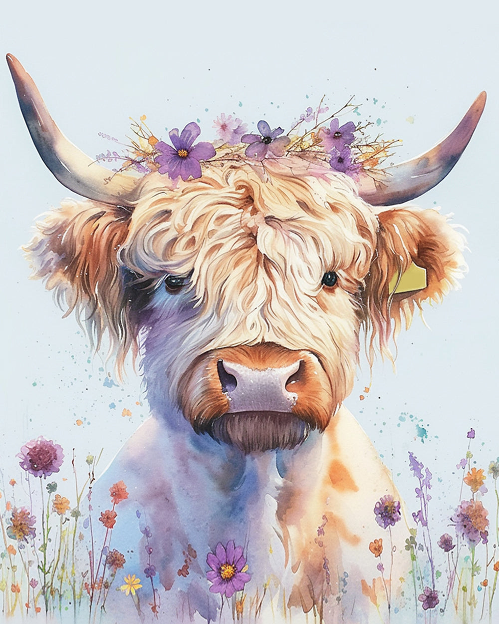 Highland cow with purple wildflowers cross stitch kit for beginners