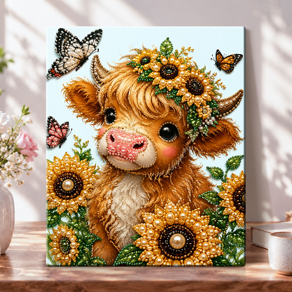 Highland cow with sunflower crown pearl diamond painting kit for beginners