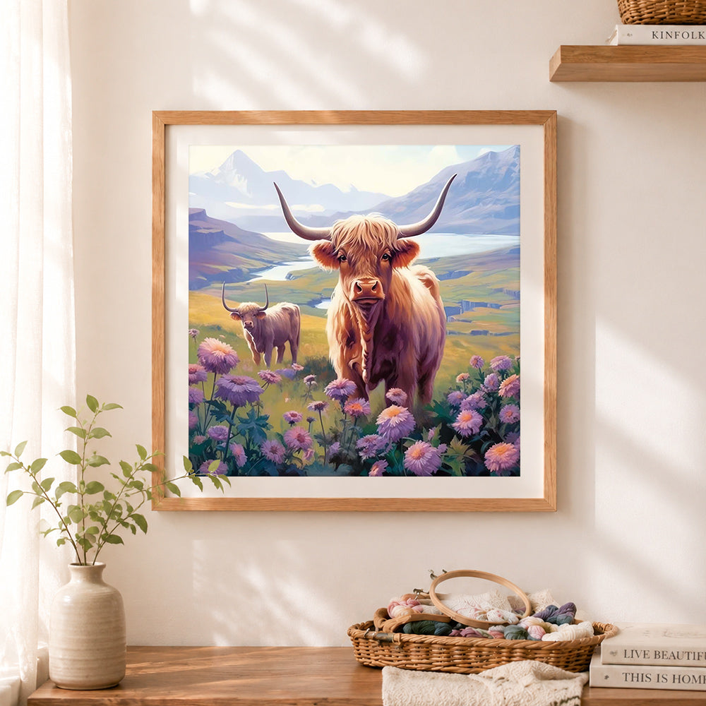 Finished highland cows among mountain blooms cross stitch artwork displayed as home decor