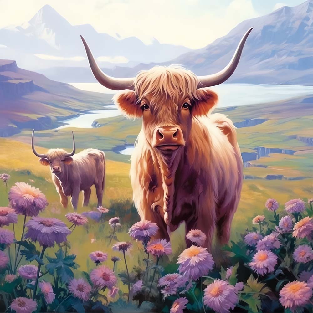 Highland cows among mountain blooms cross stitch kit for beginners