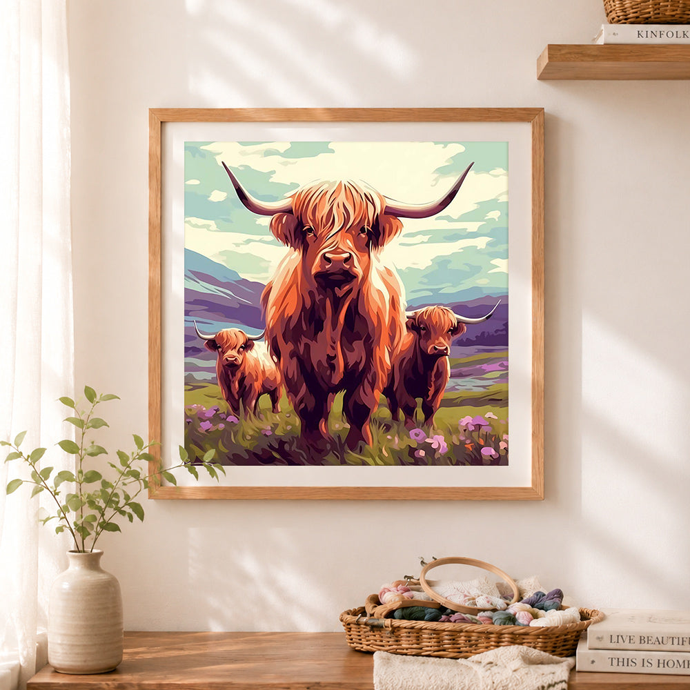 Finished highland cows in wild meadow cross stitch artwork displayed as home decor