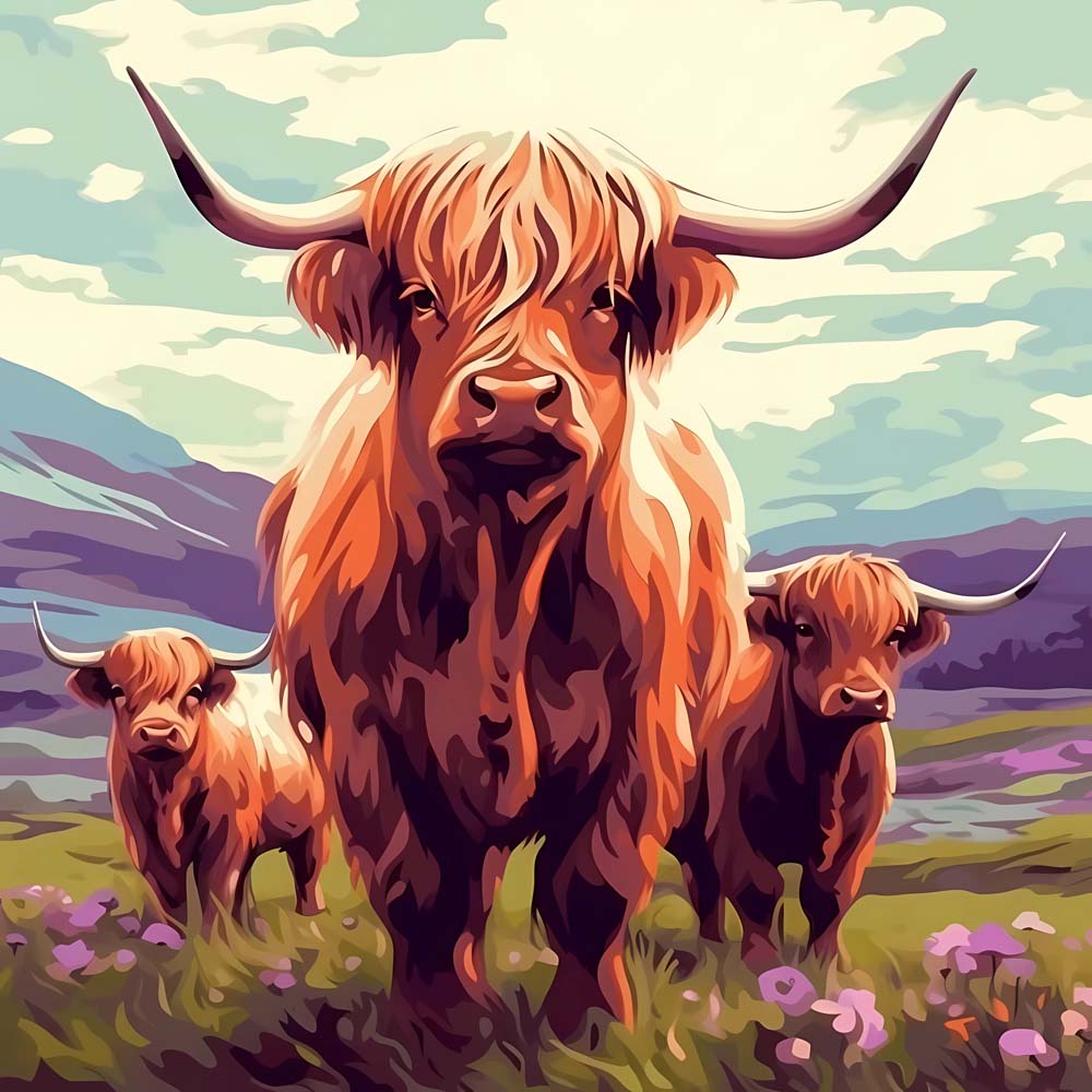 Highland cows in wild meadow cross stitch kit for beginners