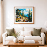 Finished hikers on mountain trail cross stitch artwork displayed as home decor