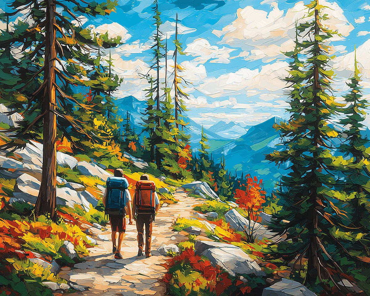 Hikers on mountain trail cross stitch kit for beginners