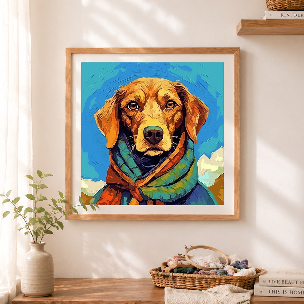 Finished hiking dog with colorful scarf cross stitch artwork displayed as home decor