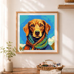 Finished hiking dog with colorful scarf cross stitch artwork displayed as home decor